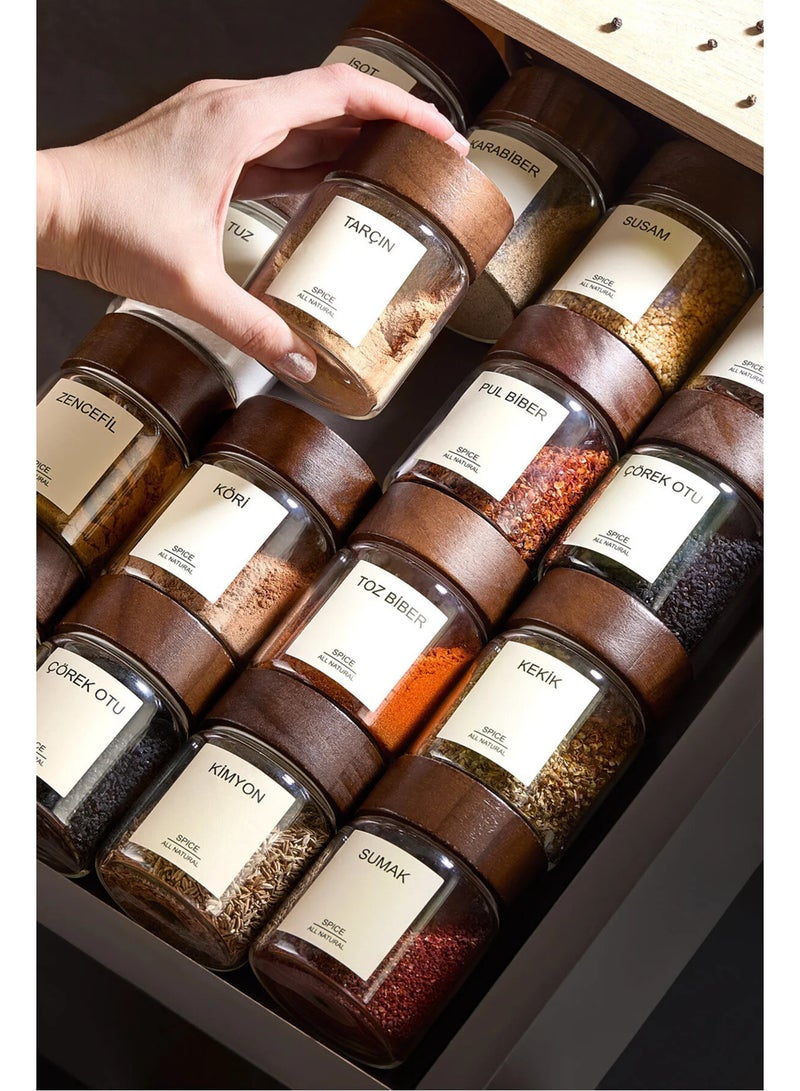 Kitchen Life Acassia Set of 12 Acacia Lid Borosilicate Glass Spice Shakers / 56 Labels Gift / 200ml Made in Turkey - Image 1